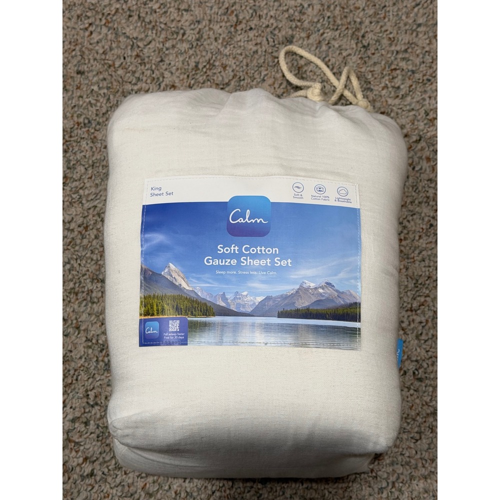 Calm Soft Cotton Gauze Sheet Set King White 100% Natural Cotton 4pc Bedding New